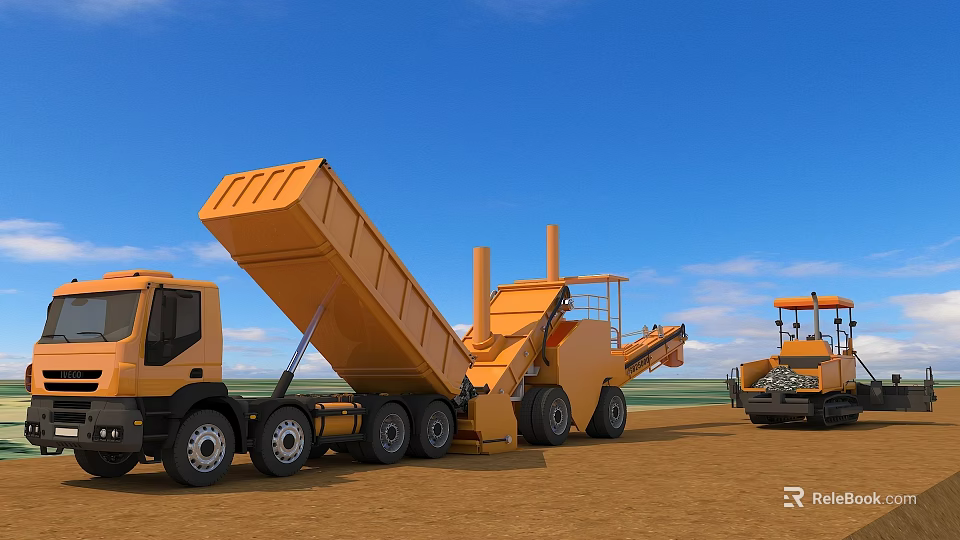 Bright Orange Heavy Duty Construction Dump Trucks And Other Professional Worksite Engineering Machinery 3d model 