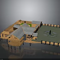 Traditional Wooden Architecture with Multiple Sloped Roofs Courtyard Lawn Pond And Circular Pattern Statue