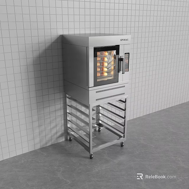 Stainless Steel Kitchen Oven With Glass Door And Baking Trays On Rolling Stand 3d model 