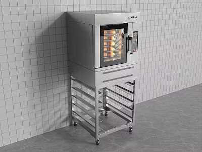 Stainless Steel Kitchen Oven With Glass Door And Baking Trays On Rolling Stand 3d model