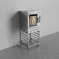 Stainless Steel Kitchen Oven With Glass Door And Baking Trays On Rolling Stand