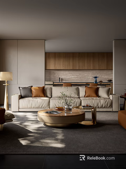 Beige Sectional Sofa Living Room Interior Design with Brown Gray Pillows and Round Coffee Table 3d model 