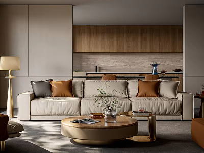 Beige Sectional Sofa Living Room Interior Design with Brown Gray Pillows and Round Coffee Table 3d model