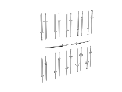 Various Types of Bladed Weapons Including Different Sword Designs and Metal Styles 3d model