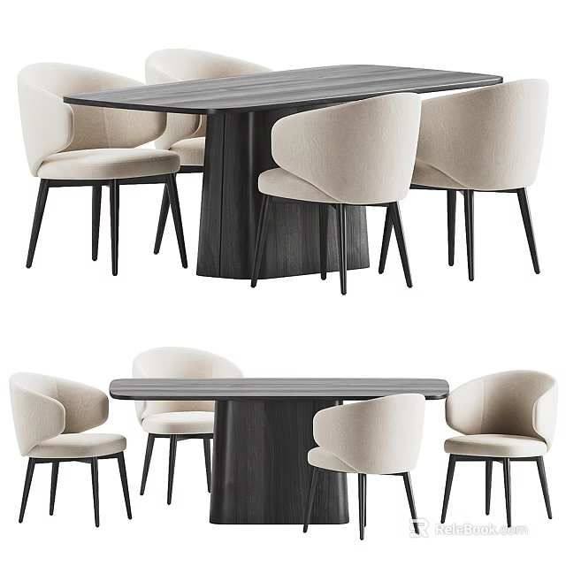 Modern Dining Table Set With Four Beige Upholstered Chairs And Dark Wood Design 3d model 