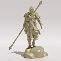 Game and Movie Character Depicting Monkey King Wearing Armor Holding Golden Cudgel Standing on Rock
