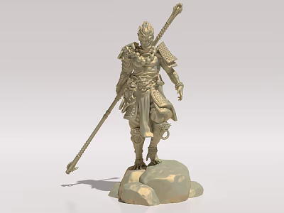 Game and Movie Character Depicting Monkey King Wearing Armor Holding Golden Cudgel Standing on Rock 3d model
