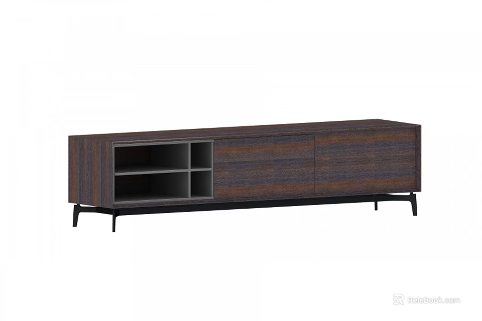 Modern Wooden TV Stand With Open Compartments And Black Metal Legs 3d model 