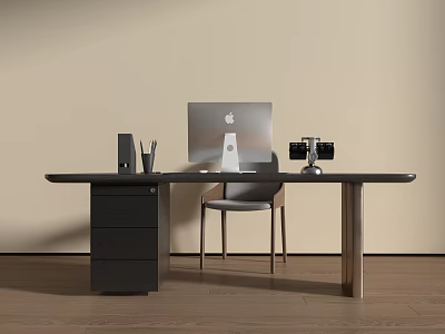 Modern Minimalist Desk Setup With Apple iMac Pencil Holder Vintage Telephone And Drawer Cabinet 3d model