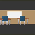 Classroom Interior Design With Wooden Tables Blue Chairs Whiteboard And Purple Door