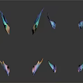 Colorful Iridescent Feather Shaped Decorative Sculptures On Dark Background With Reflections