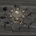 Modern Round Dining Table and Chair Set with Six Gray Chairs Tableware and Vase 3d model