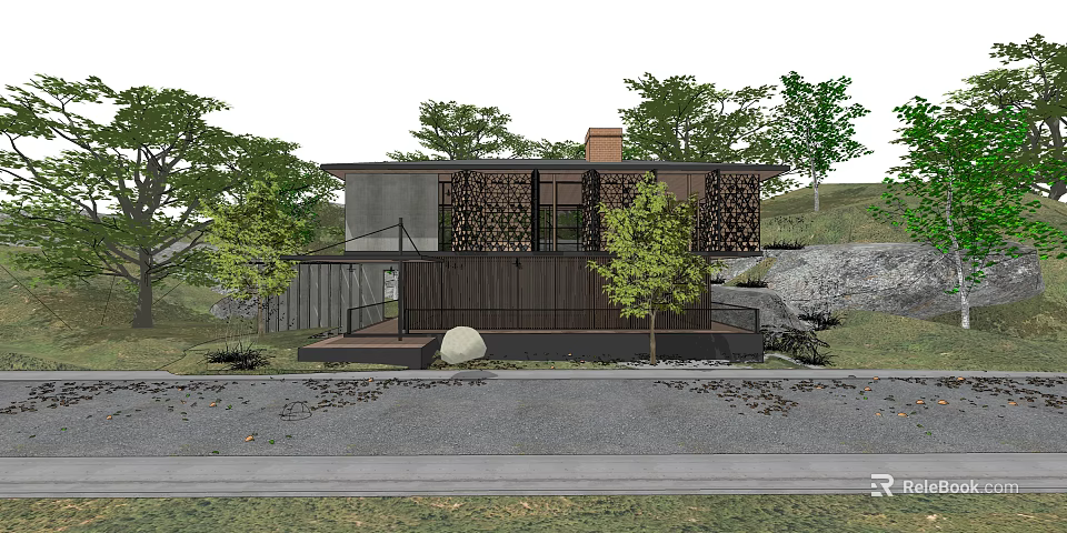 Modern Detached Villa Exterior With Wooden Siding Glass Windows And Surrounding Trees 3d model 