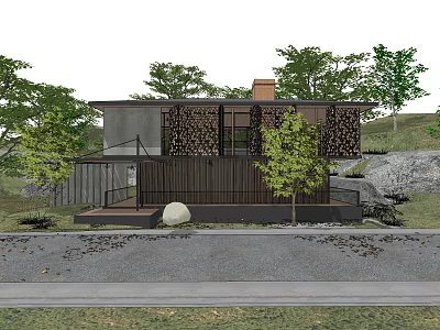 Modern Detached Villa Exterior With Wooden Siding Glass Windows And Surrounding Trees 3d model