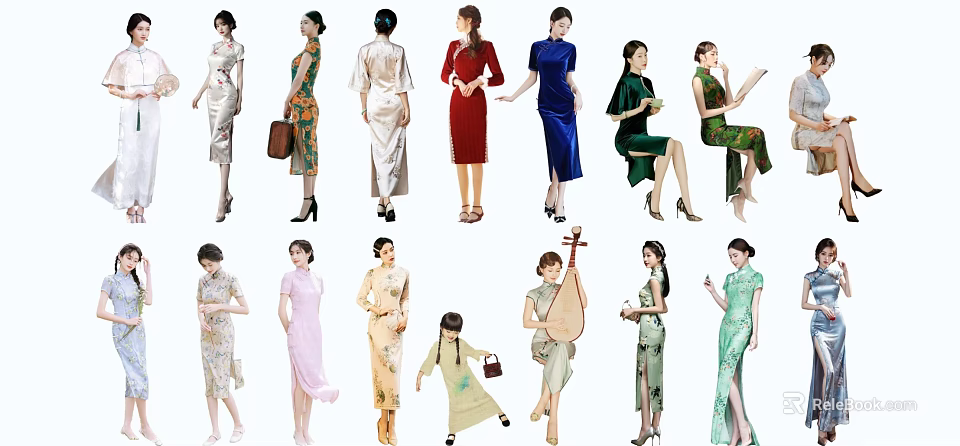 Group of Women Wearing Traditional Cheongsam with Various Styles and Poses Including Pipa 3d model 