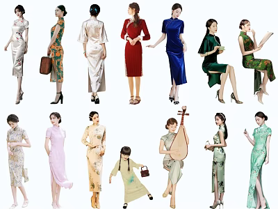 Group of Women Wearing Traditional Cheongsam with Various Styles and Poses Including Pipa 3d model
