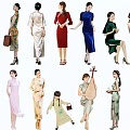 Group of Women Wearing Traditional Cheongsam with Various Styles and Poses Including Pipa