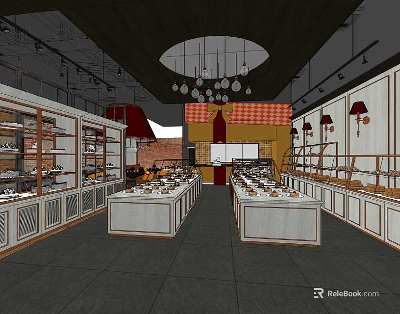 Dessert Shop Interior Featuring Glass Display Cases And Dessert Arrangements With Warm Lighting 3d model 
