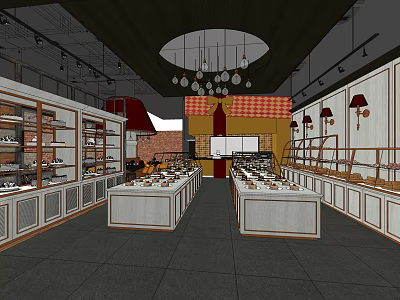Dessert Shop Interior Featuring Glass Display Cases And Dessert Arrangements With Warm Lighting 3d model