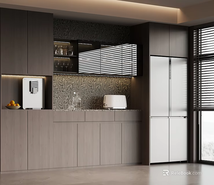 Modern Kitchen Sideboard With Cabinets Appliances Window Blinds And Decor 3d model