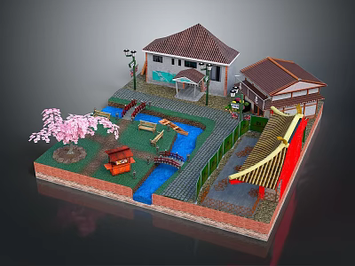 Cartoon Japanese Traditional Scene With Houses Stream Bridge Cherry Blossom Tree And Red Pavilion 3d model