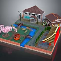 Cartoon Japanese Traditional Scene With Houses Stream Bridge Cherry Blossom Tree And Red Pavilion