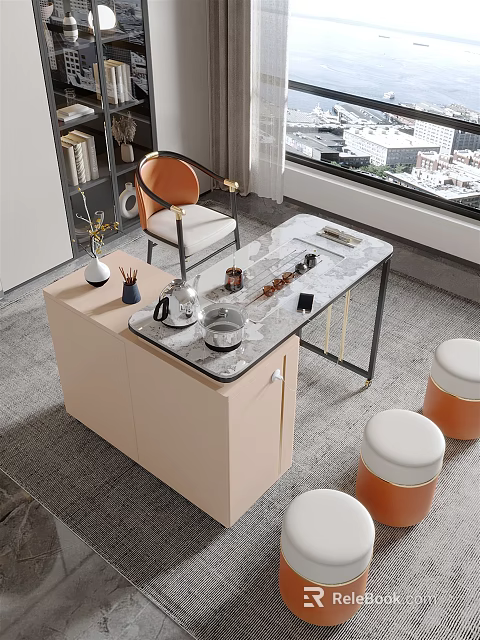 Elegant Modern Tea Table and Chairs With Marble Top Orange Stools and Tea Sets 3d model