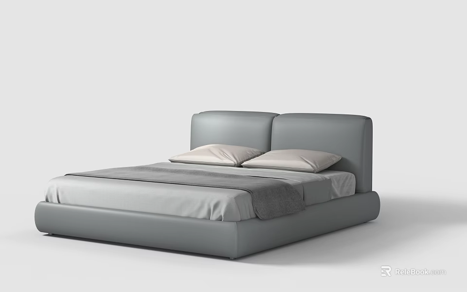 Modern Double Bed With Leather Headboard And Gray Bedding And Pillows 3d model