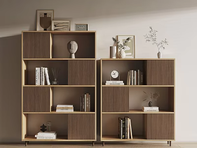 Modern Minimalist Wooden Bookshelf with Books Decorative Items Photo Frames and Clock 3d model