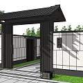 Japanese Style Entrance Gate With Black Roof White Walls Stone Path And Surrounding Trees