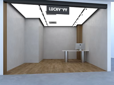 Lucky YY Clothing Store Interior With White Walls Wooden Flooring Ceiling Lights And Counter 3d model