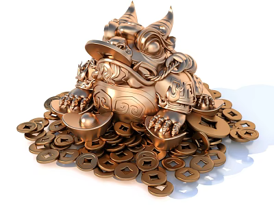 Detailed Intricate Golden Toad Sculpture Surrounded by Ancient Coins and Ingots 3d model