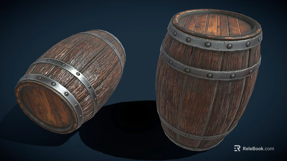 Vintage Wooden Barrels With Metal Hoops And Rivets On Dark Background 3d model 