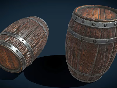 Vintage Wooden Barrels With Metal Hoops And Rivets On Dark Background 3d model