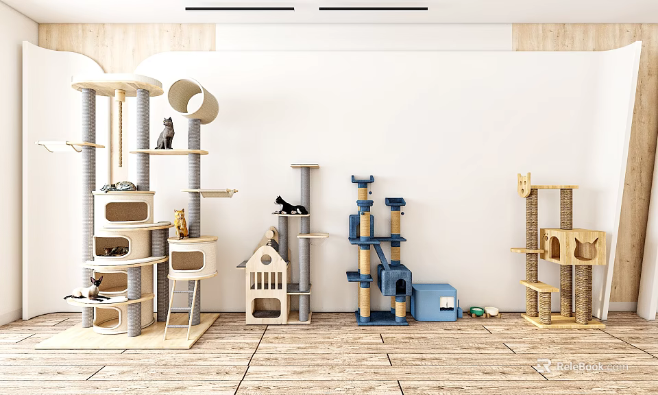 Various Styles Multi Level Cat Tree With Wooden And Blue Design For Feline Climbing Play 3d model 