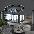 Futuristic Modern Office Reception Lobby With Unique Ceiling Lights And Comfortable Waiting Lounge Area