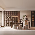 Modern Tea Room Interior With Wooden Shelves Tea Sets Stools And Potted Plant