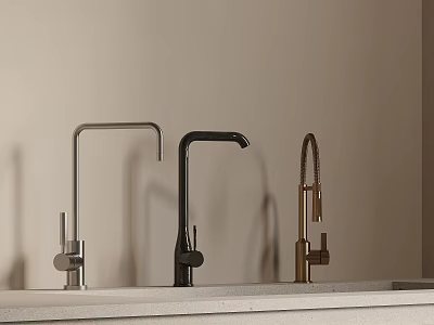 Three Different Colored Kitchen Faucets Silver Black Gold on Light Countertop with Beige Wall 3d model