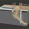 Architectural Interior Model With Wooden Staircase Glass Railings And Landing Platform