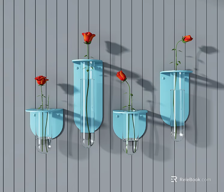 Blue Wall Hangings With Glass Vases And Red Roses On Gray Wooden Wall 3d model 