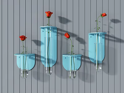 Blue Wall Hangings With Glass Vases And Red Roses On Gray Wooden Wall 3d model