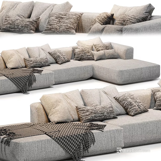 Modern Sectional Sofa with Soft Fabric Cushions Decorative Pillows and Plaid Throw Blanket 3d model 