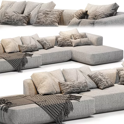 Modern Sectional Sofa with Soft Fabric Cushions Decorative Pillows and Plaid Throw Blanket 3d model