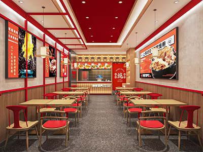 Red Themed Restaurant Interior With Wooden Tables Red Chairs And Food Posters 3d model