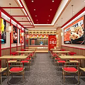 Red Themed Restaurant Interior With Wooden Tables Red Chairs And Food Posters