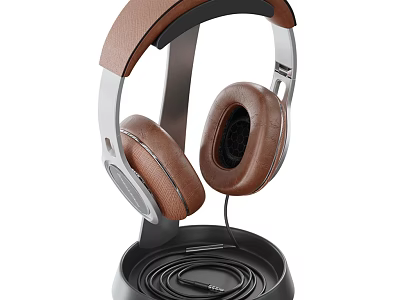 Premium Brown Leather Headphones Speaker with Metal Frame and Comfortable Ear Cups Stand 3d model
