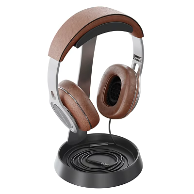 Premium Brown Leather Headphones Speaker with Metal Frame and Comfortable Ear Cups Stand 3d model