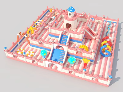 Pink And White Castle Themed Inflatable Kids Playground With Slides Climbing Areas And Colorful Decorations 3d model