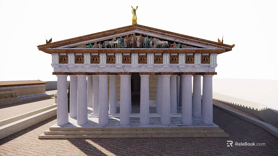 Ancient Architecture Featuring Classical Temple With White Columns Ornate Pediment Sculptures And Golden Top Statue 3d model 