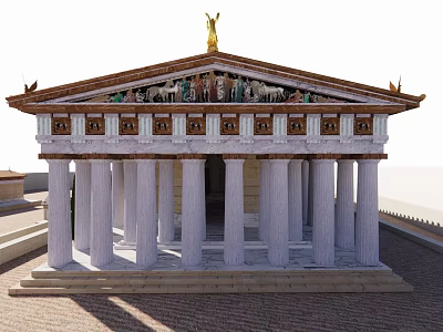 Ancient Architecture Featuring Classical Temple With White Columns Ornate Pediment Sculptures And Golden Top Statue 3d model